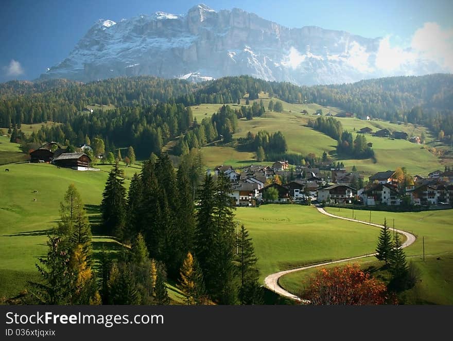 Italian Alps Mountain and Village Scene