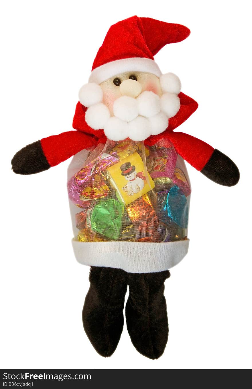 Santa Claus doll with chocolate sweets inside. Clipping Path.