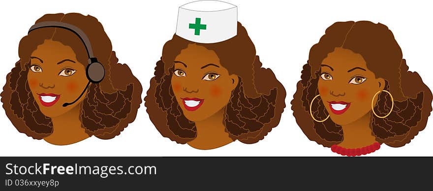 Collection of three different women profession avatars. Collection of three different women profession avatars.