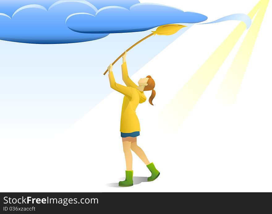 Illustration of a girl sweeping clouds from the sky. Illustration of a girl sweeping clouds from the sky