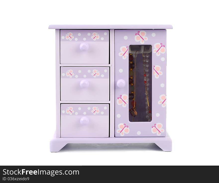 Fun purple children Jewelery box with necklaces on white background.