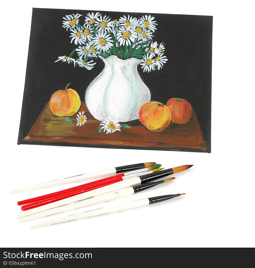 Picture acrylic paints on a canvas with white vase, flowers and apples with brushes isolated on the white background. Picture acrylic paints on a canvas with white vase, flowers and apples with brushes isolated on the white background.