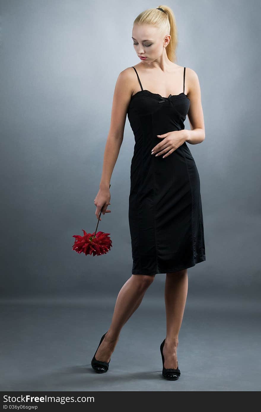 Elegant blonde girl in black dress and red flower at hand. Elegant blonde girl in black dress and red flower at hand