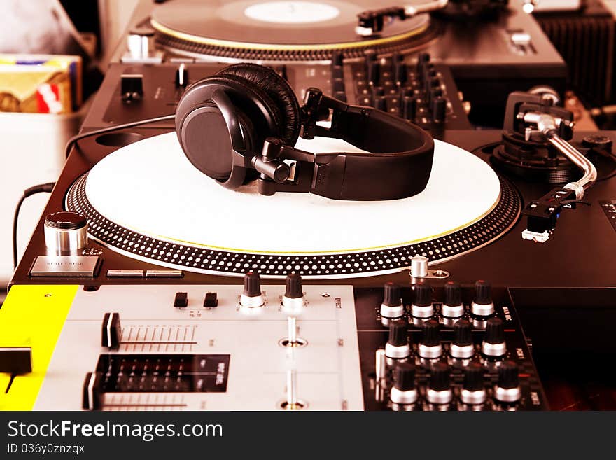 Headphones, Mixer And Turntable