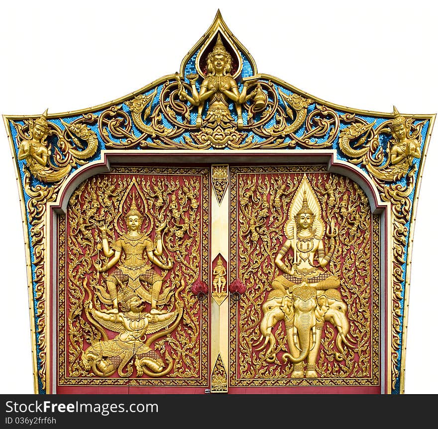 Temple door decorated on wood carved gold paint ,thai style in temple at Bangkok, Thailand. Temple door decorated on wood carved gold paint ,thai style in temple at Bangkok, Thailand