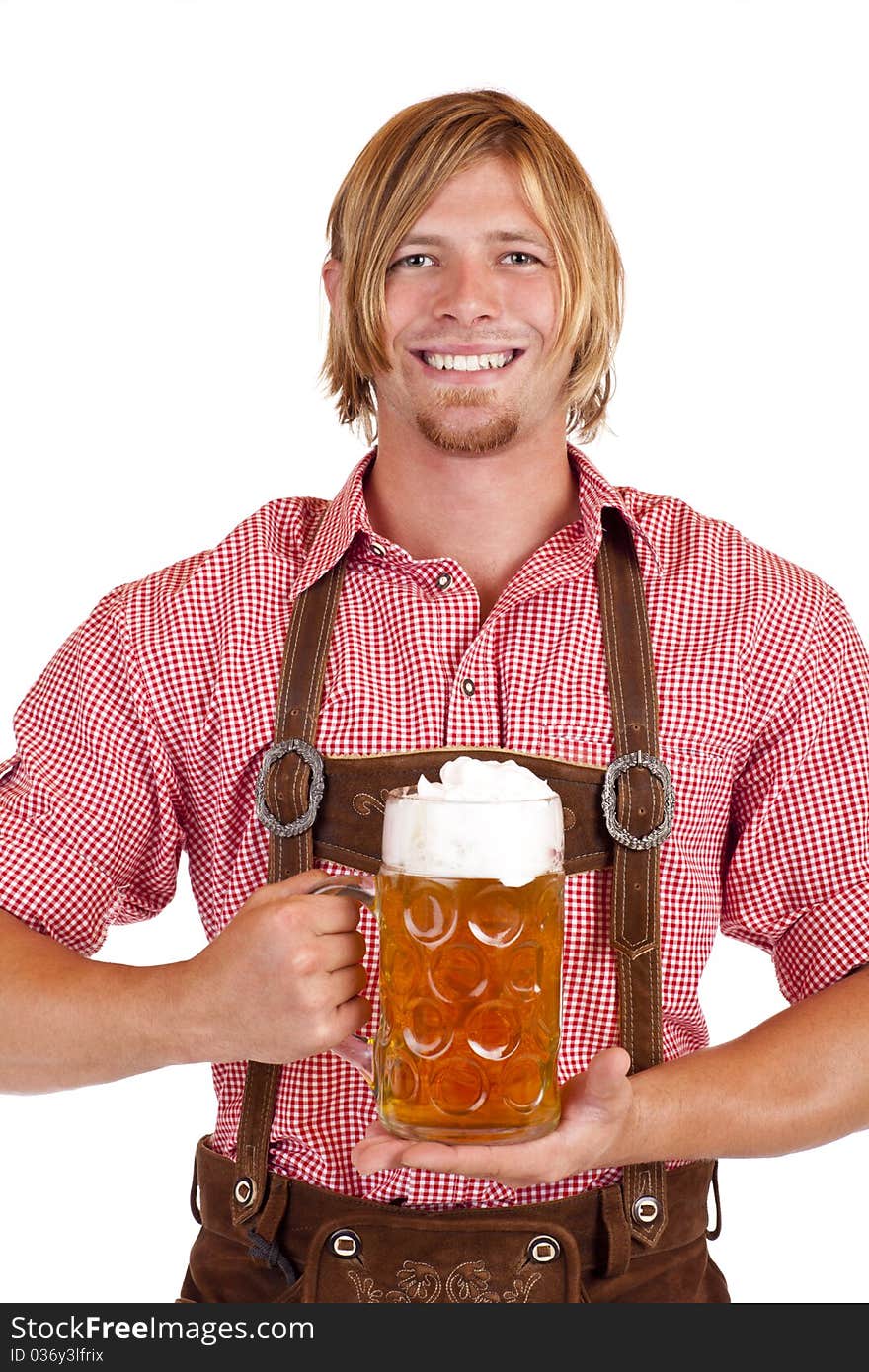 Happy man holds oktoberfest beer stein