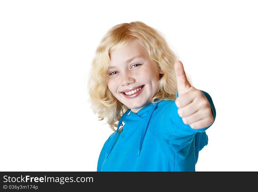 Young beautiful girl / child shows thumb up. Isolated on white background.