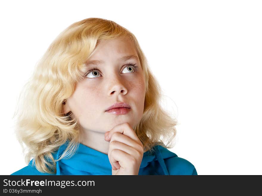 Young beautiful girl looks contemplative in the air. Isolated on white background.