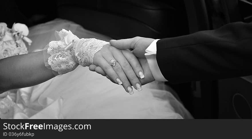 Image of hands the bride and groom in black and white. Image of hands the bride and groom in black and white