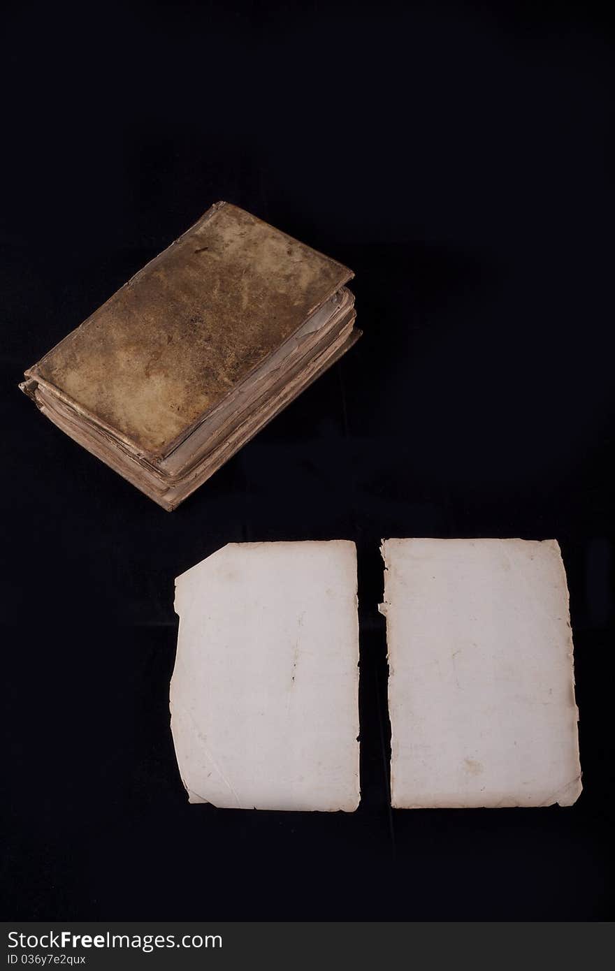 Ancient book, almost 300 years, opened on two blank sheets isolated on black