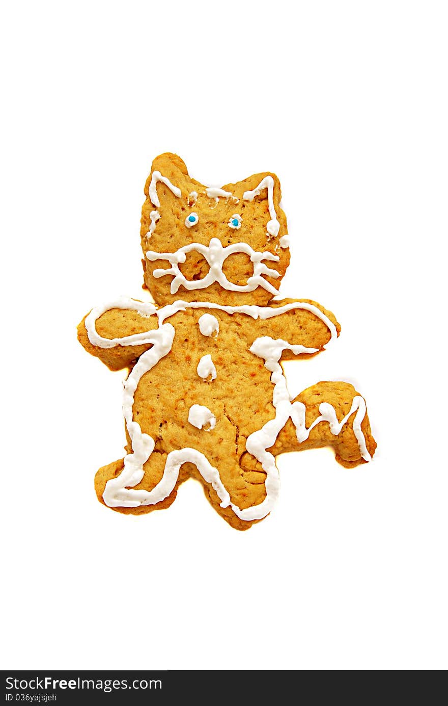 Baked cookies in the form of a cat on a white background