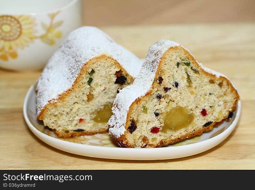 Freshly baked Christmas cake with a filling of marzipan. Freshly baked Christmas cake with a filling of marzipan.