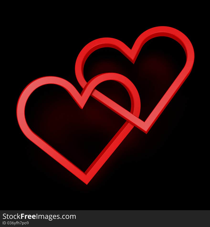 3d render of two interconnected heart shapes hovering above black shiny background. 3d render of two interconnected heart shapes hovering above black shiny background