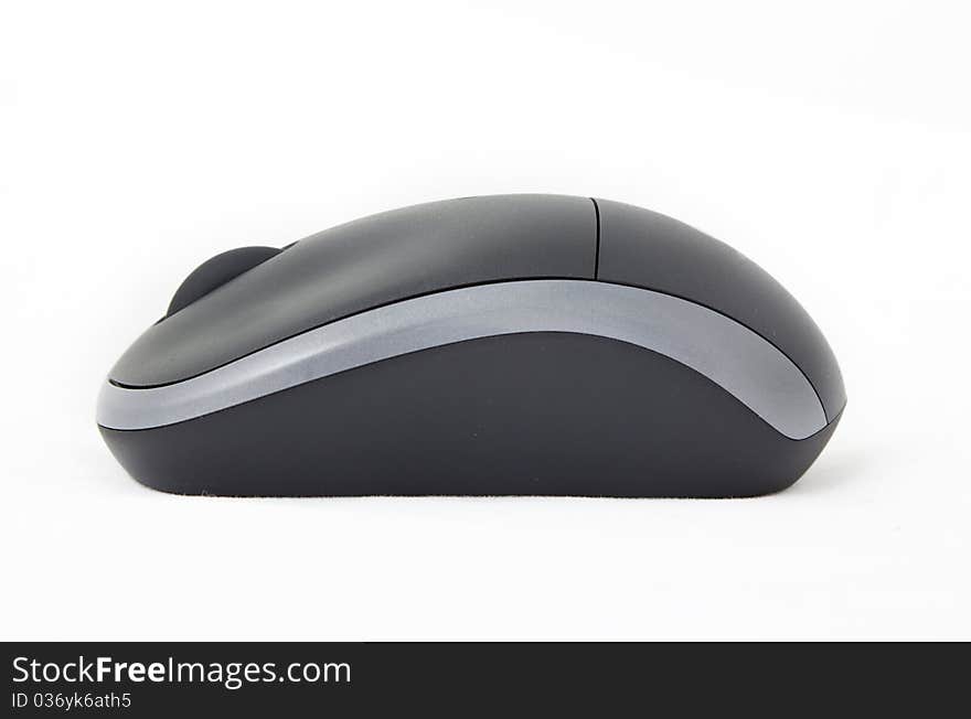 A sleek black and gray computer mouse on a white background.