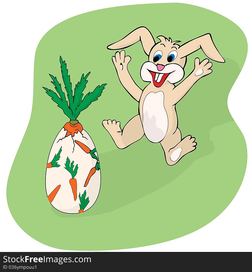 Bunny with Easter egg from which hatches a carrot