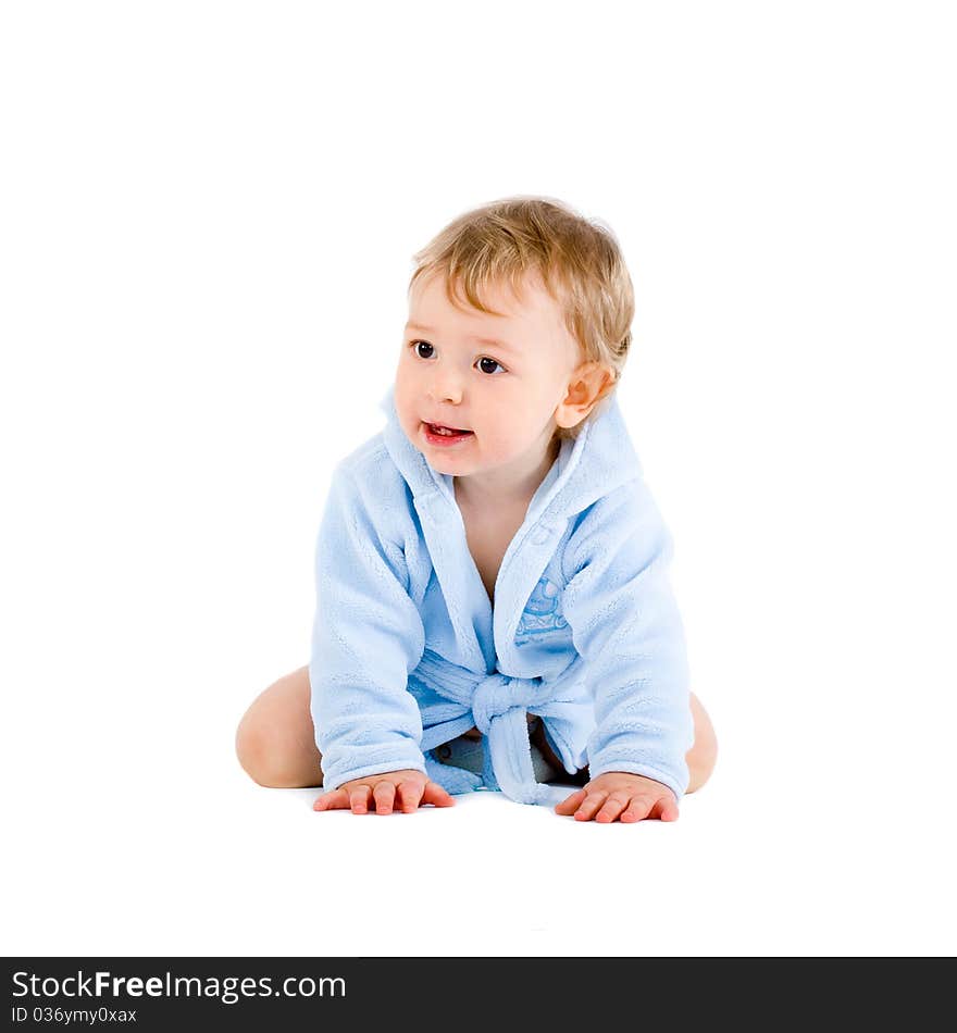 Baby in blue bathrobe