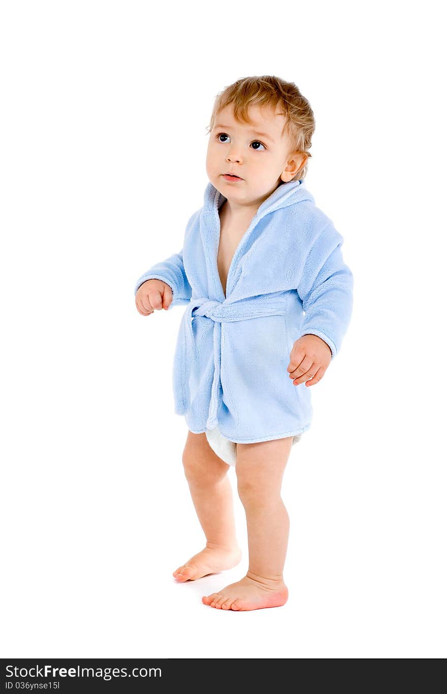 Baby in blue bathrobe