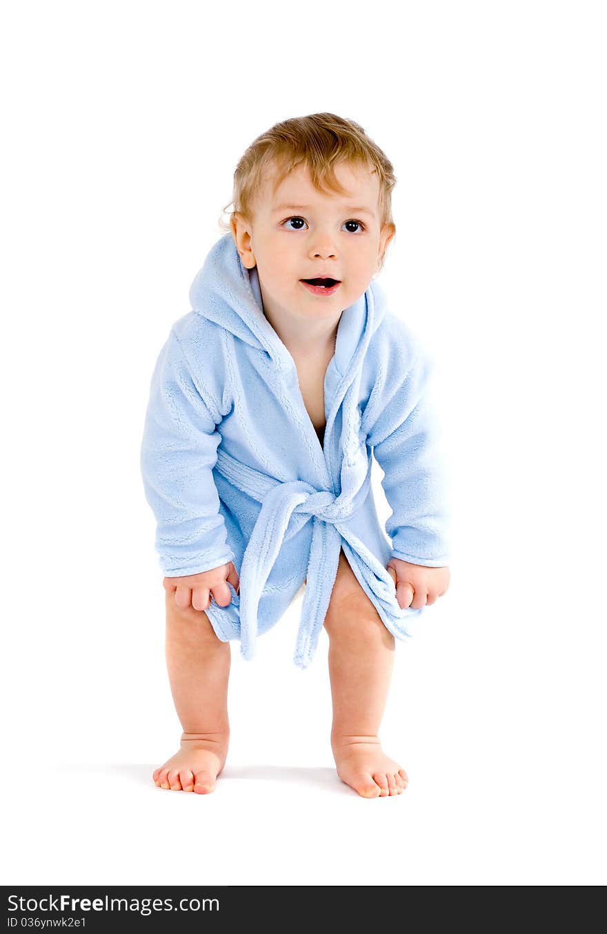 Baby in blue bathrobe