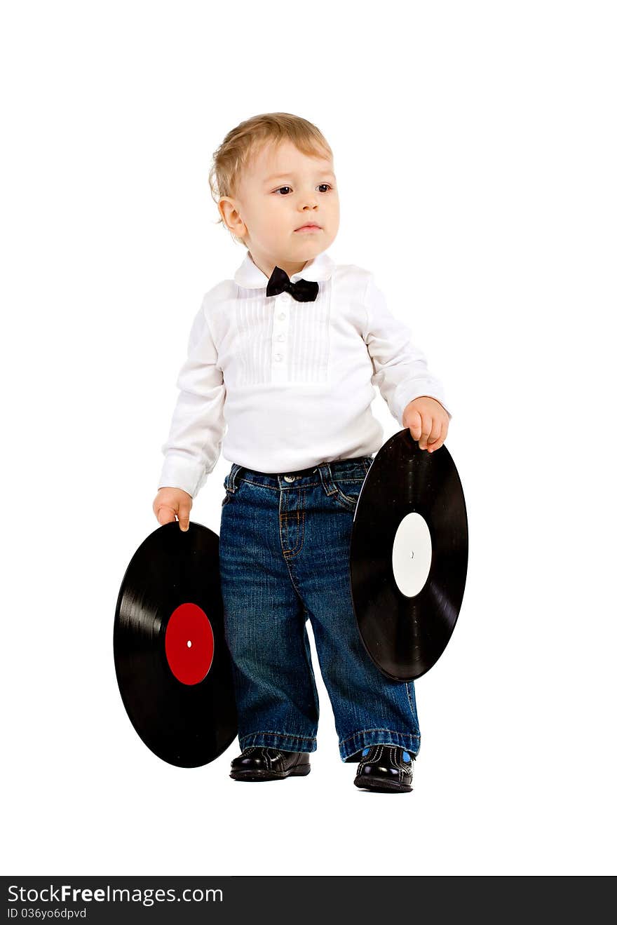 The little boy with phonograph records on white isolated