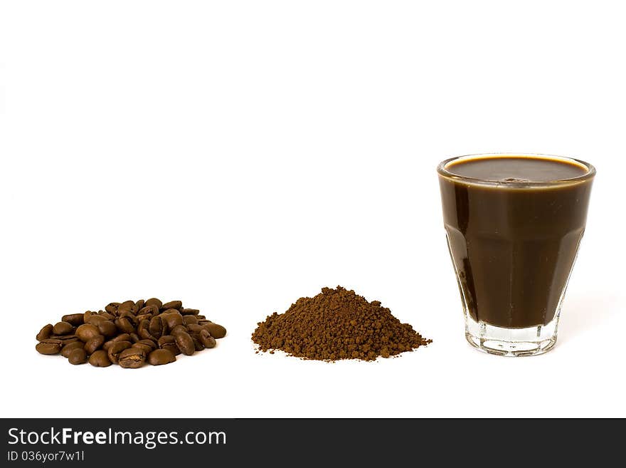 Coffee bean, ground coffee and coffee drink isolated on white background. Coffee bean, ground coffee and coffee drink isolated on white background.