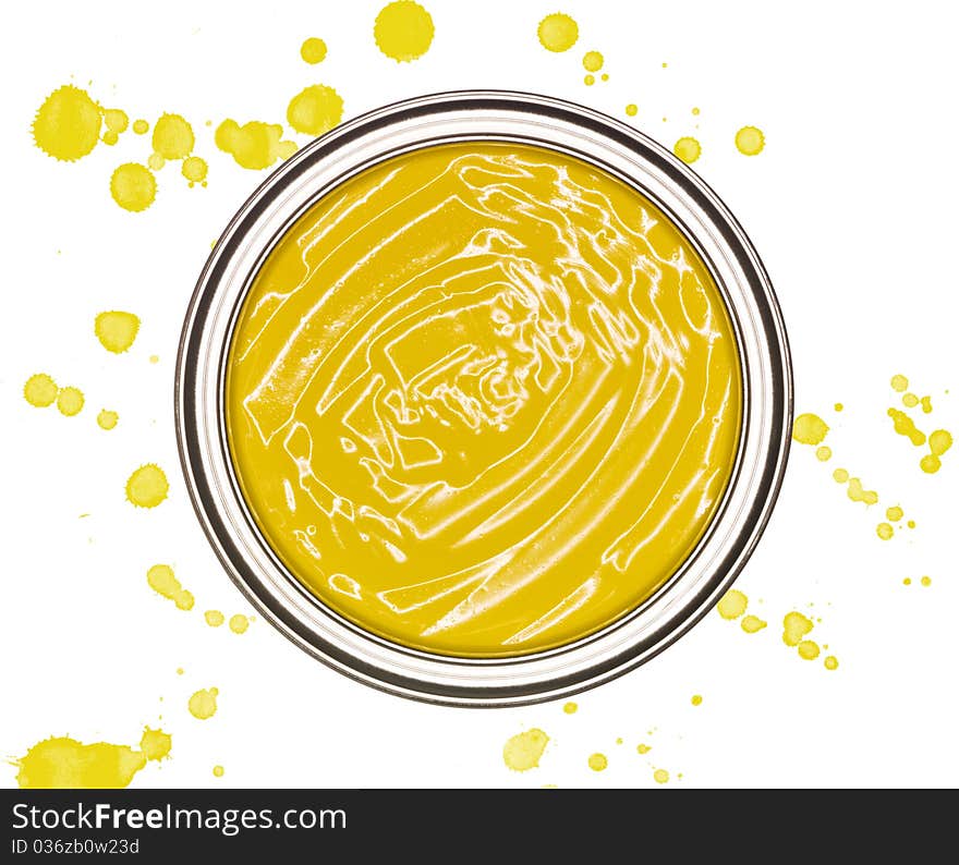 Yellow Paintcan from above isolated on a spotted background. Yellow Paintcan from above isolated on a spotted background