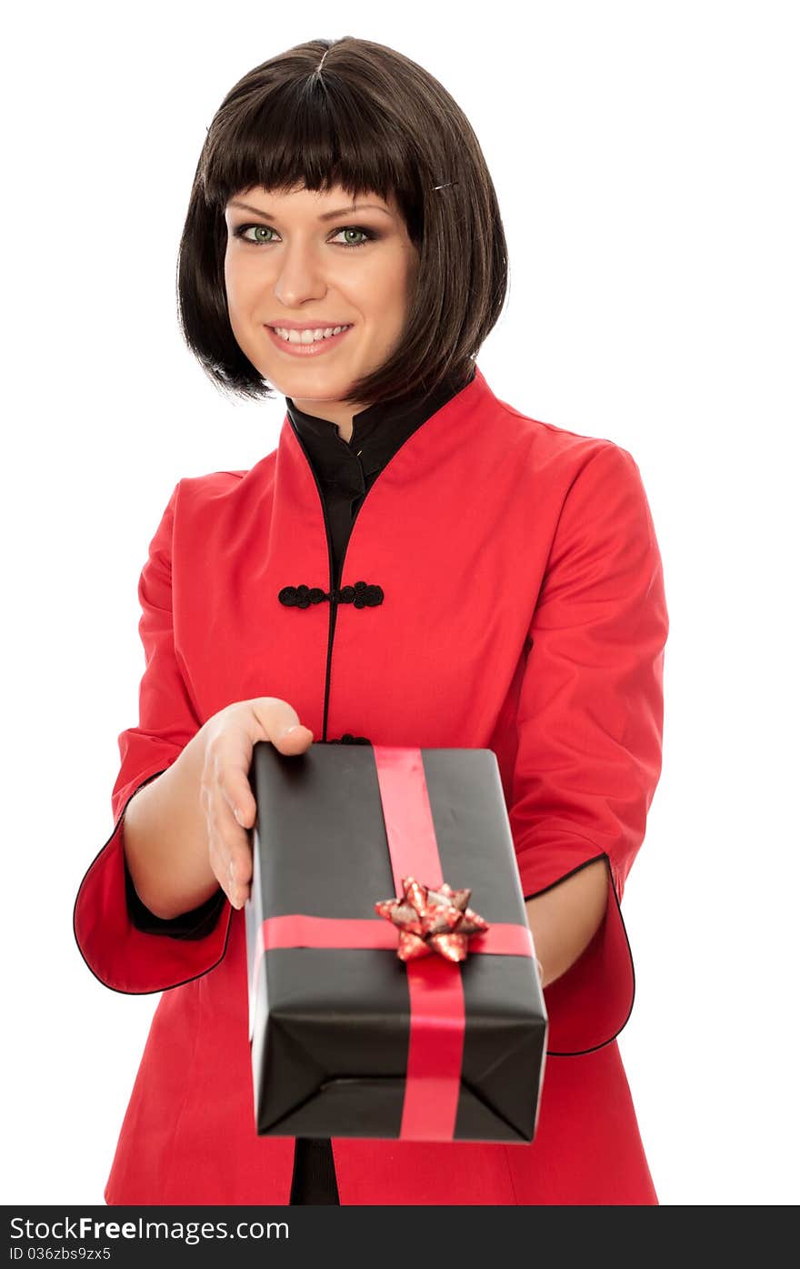 The happy woman dressed in Chinese style bought a gift at a discount. The happy woman dressed in Chinese style bought a gift at a discount