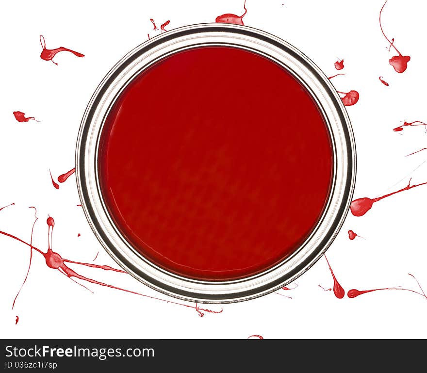 Red Paintcan from above isolated on a spotted background