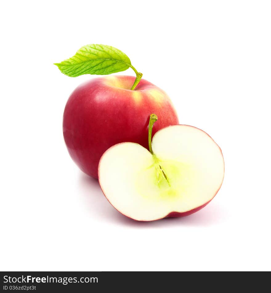 Red fresh apples with green leaf. Red fresh apples with green leaf