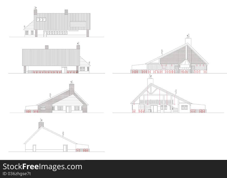 This image represents six facades of a pub made in CAD. This image represents six facades of a pub made in CAD