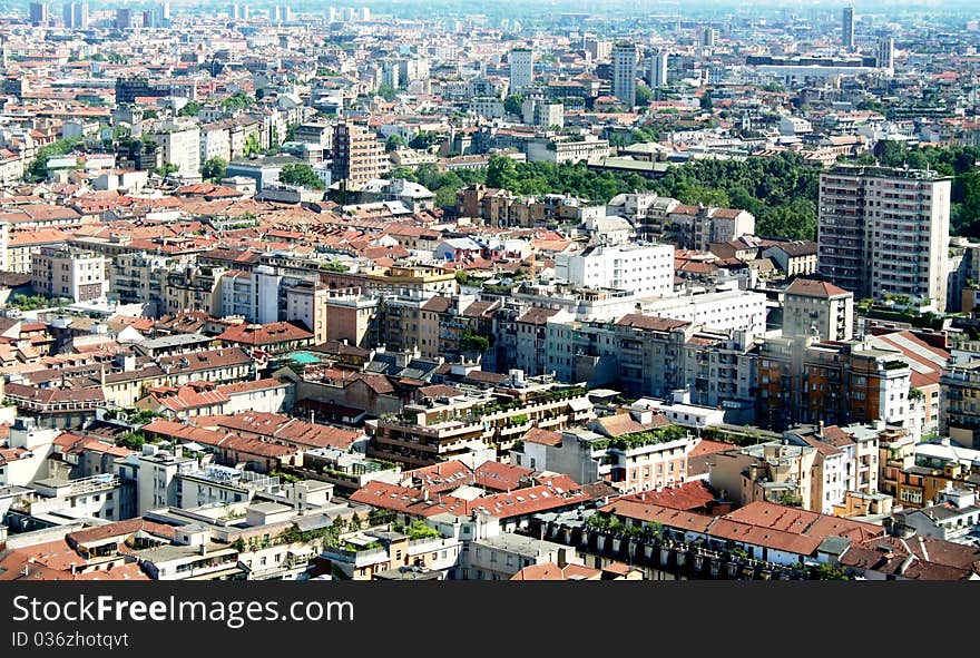 Panoramic view of city of Milan from Pirelli building rooftop. Panoramic view of city of Milan from Pirelli building rooftop.