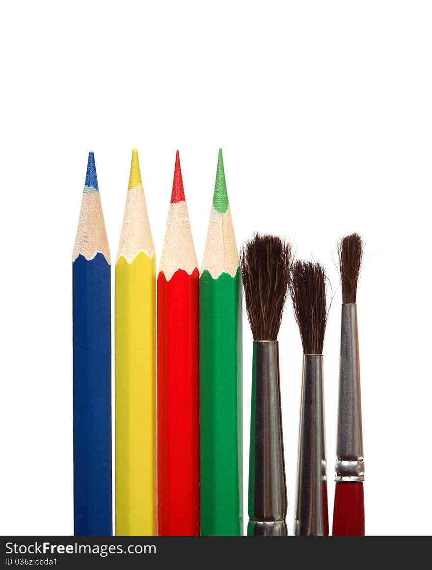 Paintbrushes and color pencils