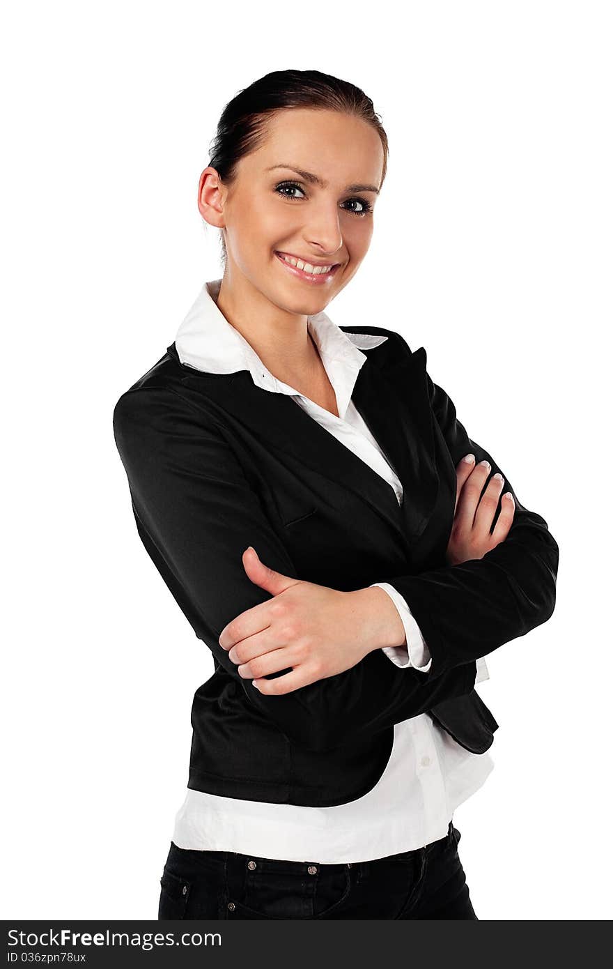 Happy businesswoman on white background isolated. Happy businesswoman on white background isolated