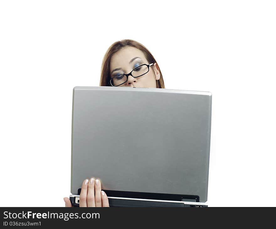 Young woman looking at her laptop monitor. Young woman looking at her laptop monitor