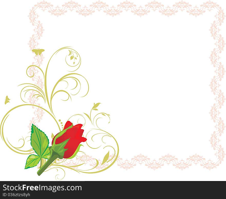 Red rose with floral ornament in the frame