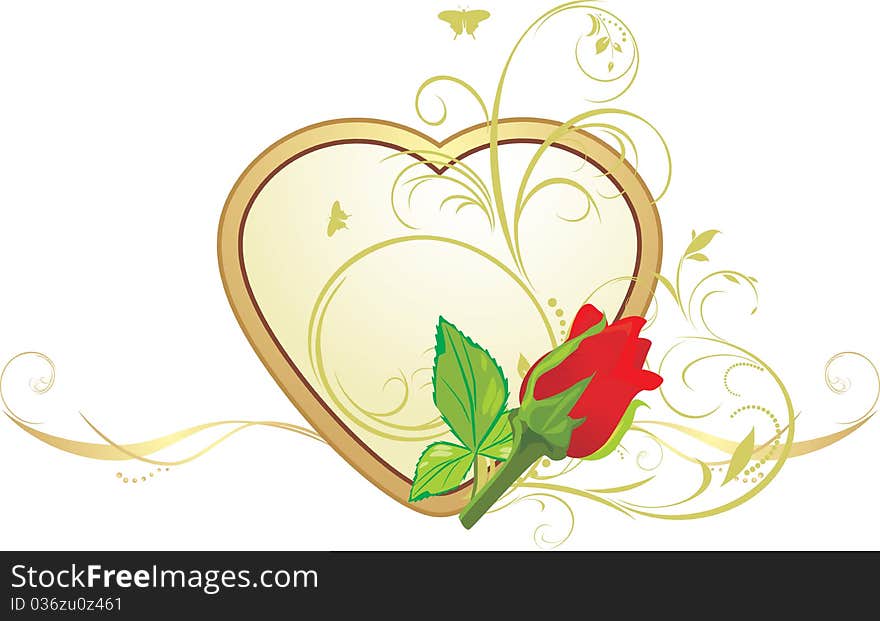 Red rose with floral ornament on the golden heart. Illustration