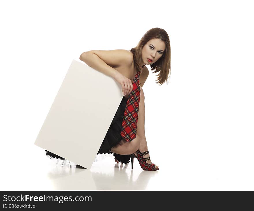 Girl behind blank notice board. Girl behind blank notice board