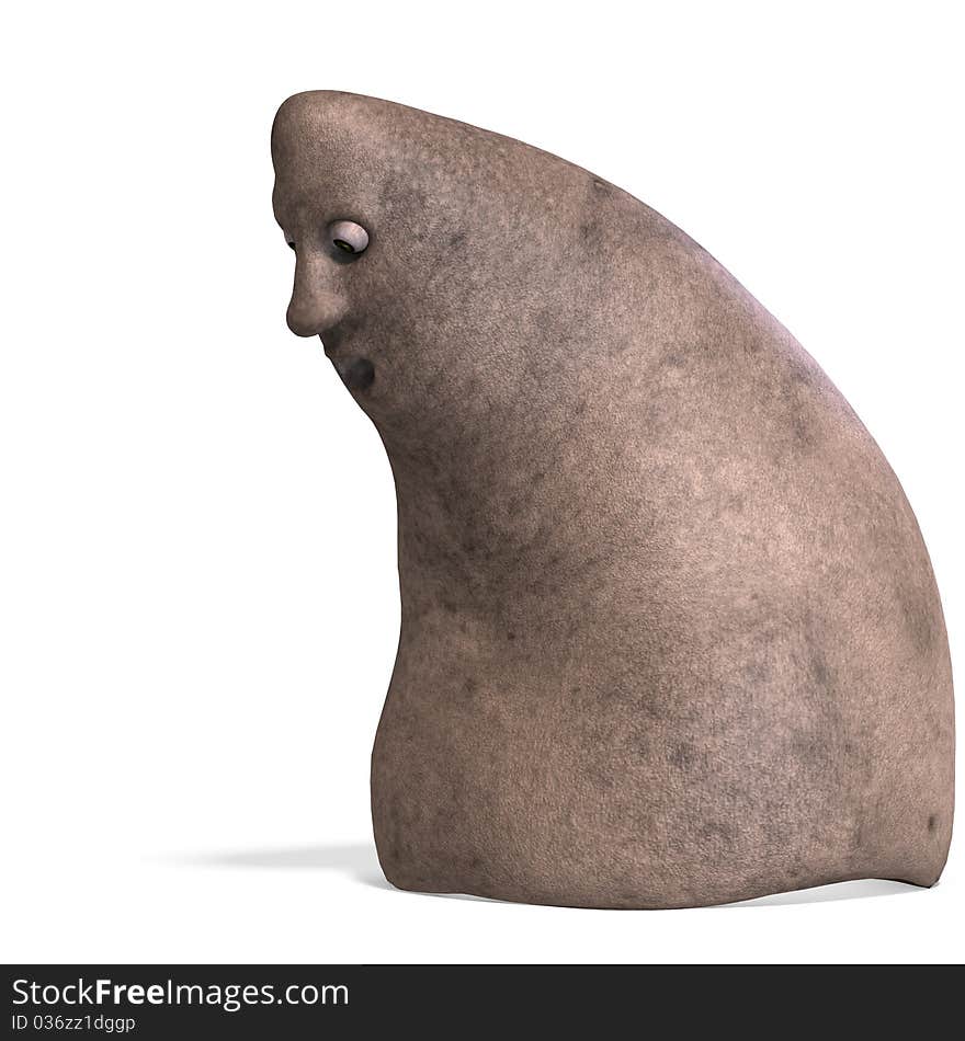 Cartoon rock with a funny face. 3D rendering with clipping path and shadow over white