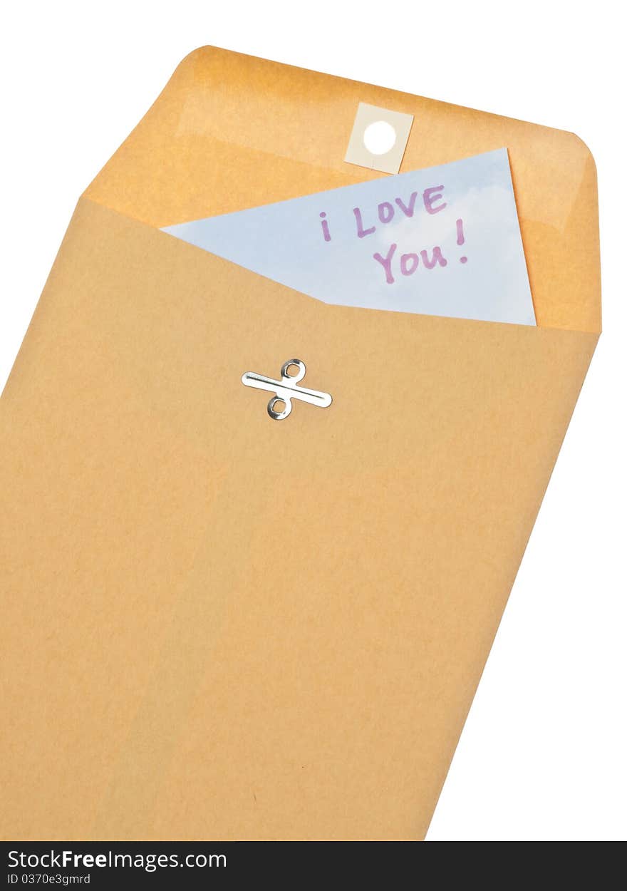 Brown Envelope with I Love You Letter Inside on White.