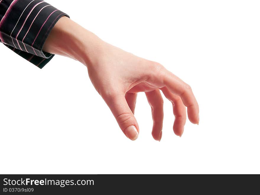 Female hand as it holding something. Isolated on white