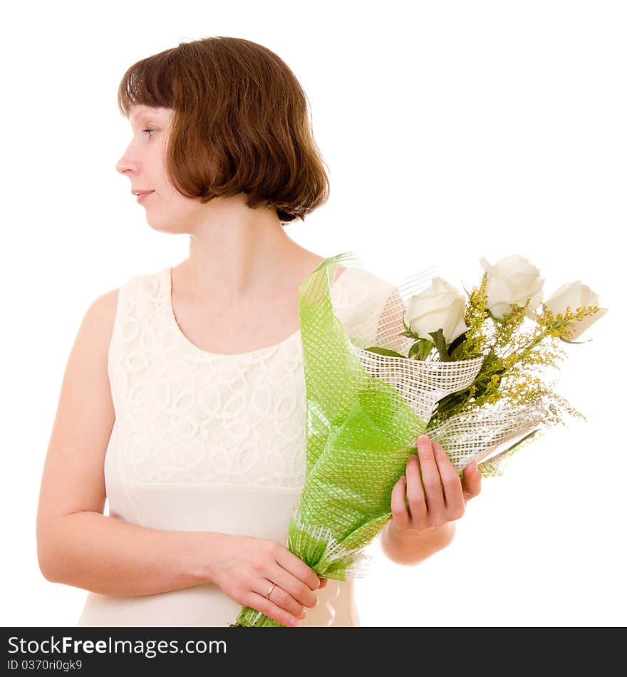 Girl with a bouquet of white roses.