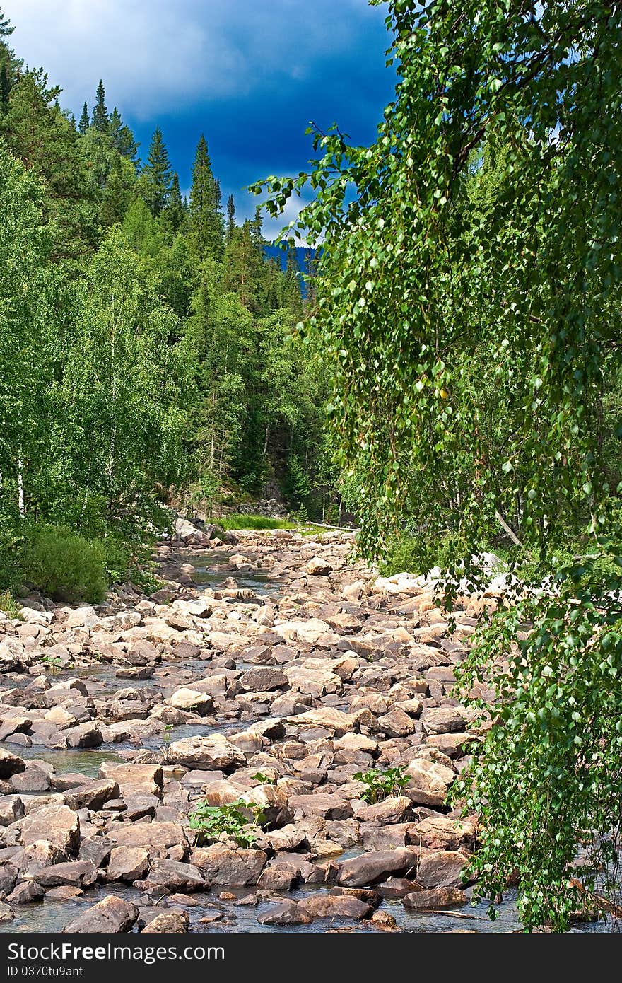 Berezyak river, Bashkortostan, Russia, Ural mountains, july, over iremel mountain