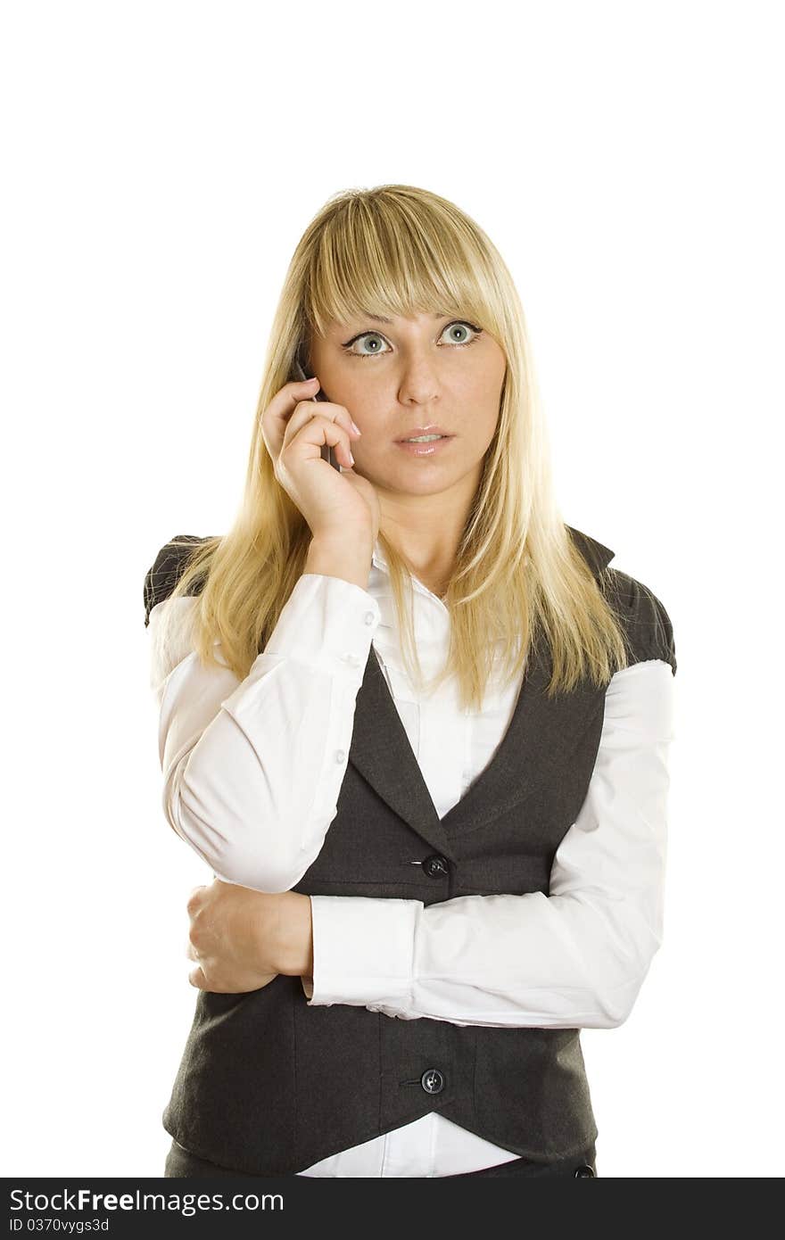 Young business woman talking on the phone. Isolated on white background