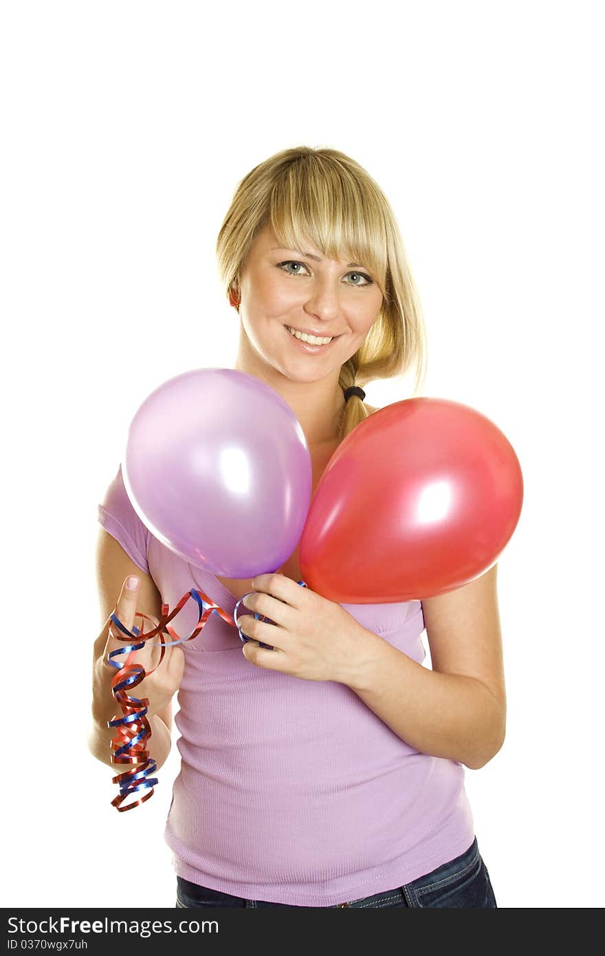 Close-up of a beautiful young woman with colorful balloons balloons. Isolated on a white background. Close-up of a beautiful young woman with colorful balloons balloons. Isolated on a white background