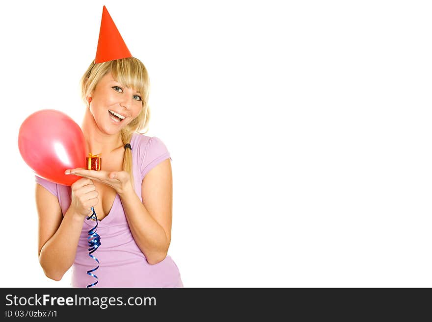 Close-up of an attractive young woman with balloons and smal gift box. Isolated on a white background