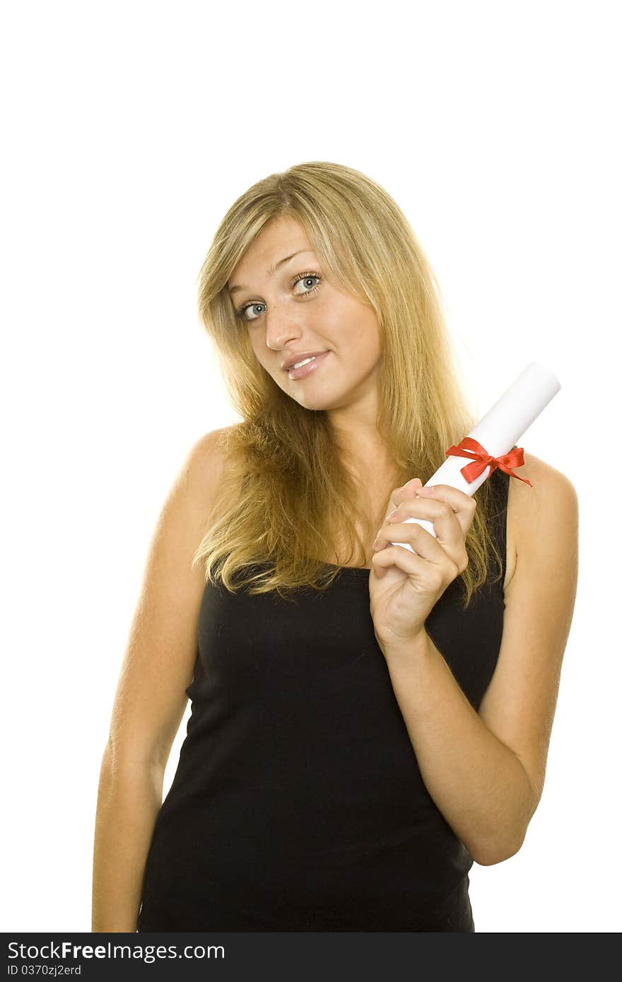 Butiful, happy female graduate holds her diploma while smiling for the camera. Isolated on white background. Butiful, happy female graduate holds her diploma while smiling for the camera. Isolated on white background