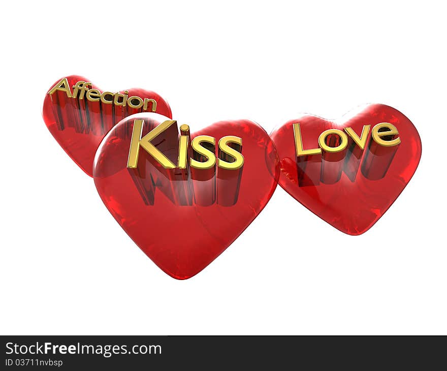 3d illustration of red glass hearts with encrusted letters. 3d illustration of red glass hearts with encrusted letters