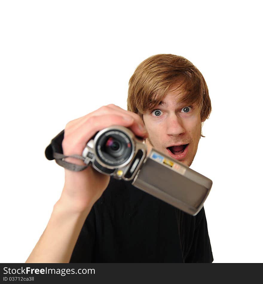 Young adult man holding an HD camcorder isolated on white background. Young adult man holding an HD camcorder isolated on white background