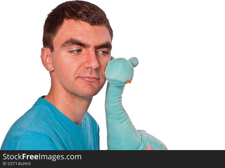 Cuddling with the blue teddy giraffe over white background