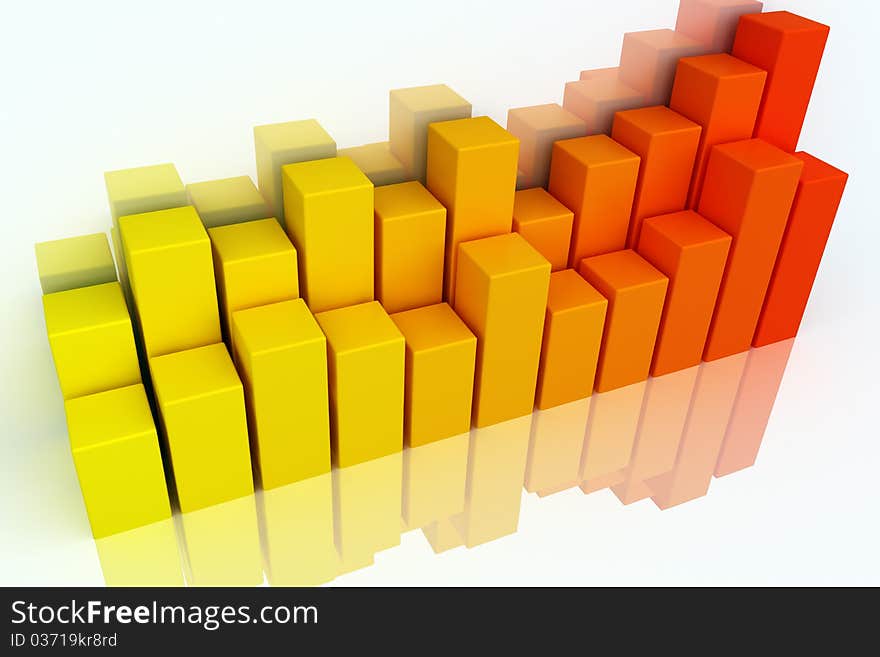 3D bar chart graph moving up on white. 3D bar chart graph moving up on white