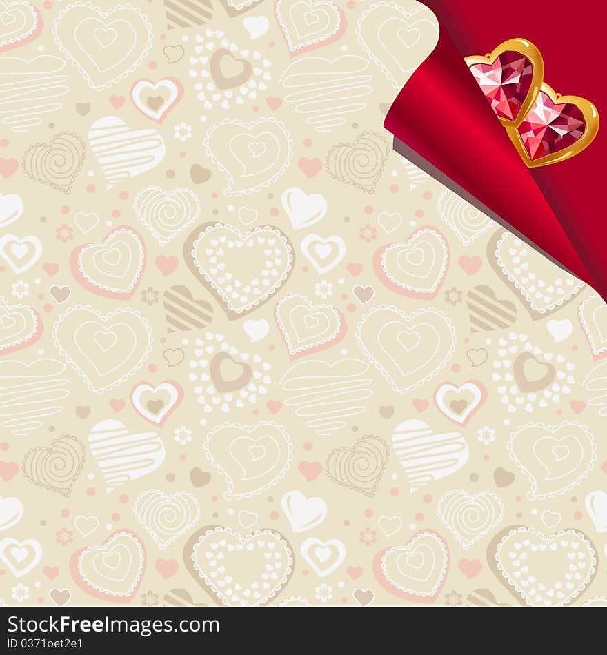 Beige pastel background with two ruby hearts. Beige pastel background with two ruby hearts